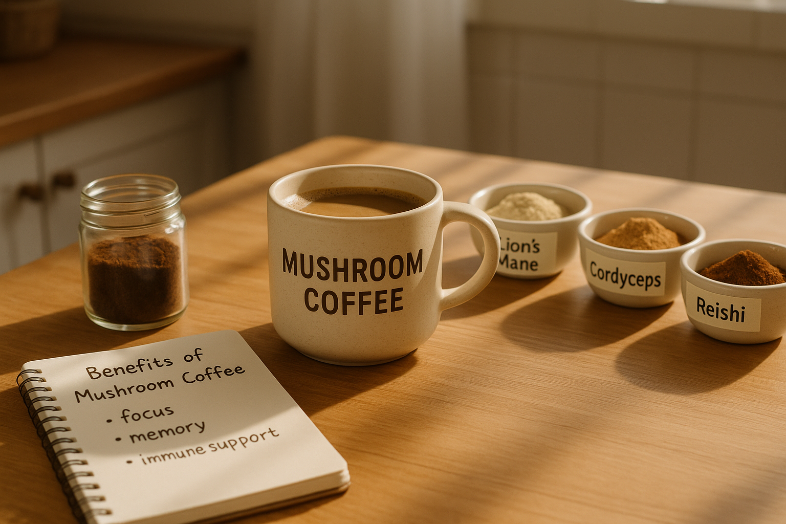 Editorial image for a mushroom coffee benefits article showing a mug, coffee powder jar, mushroom bowls, and a notebook on a kitchen table