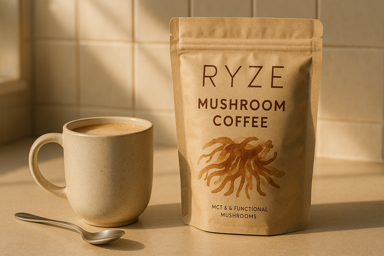 Realistic editorial image based on a live RYZE product-page reference, showing the branded package beside a mushroom coffee mug on a kitchen counter