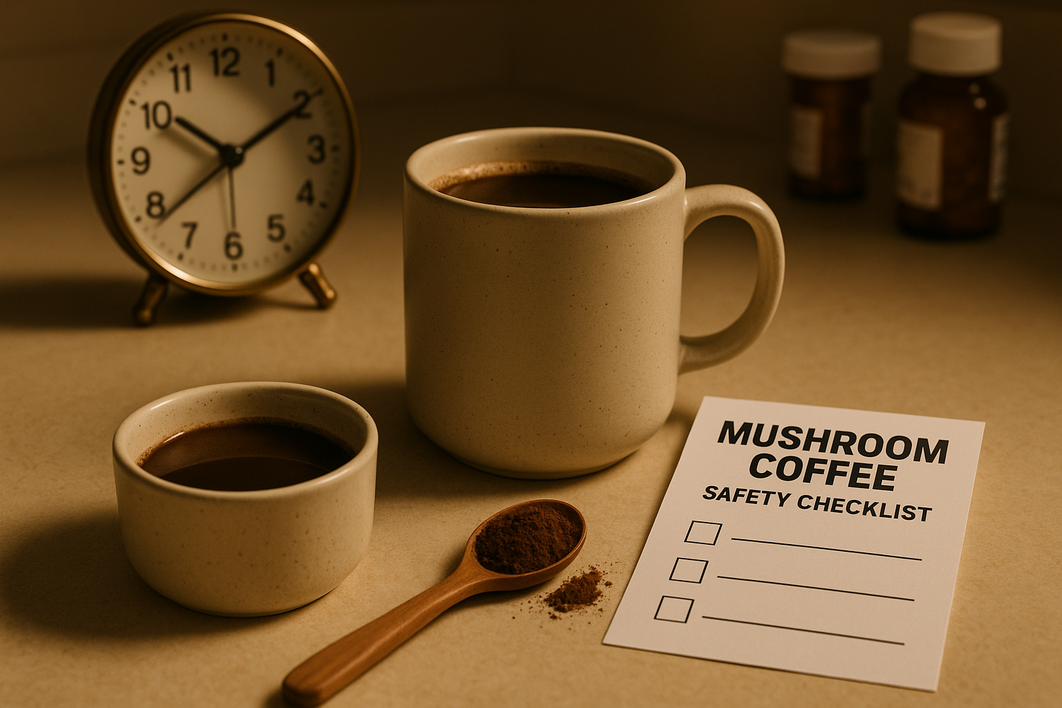 Editorial image for a mushroom coffee side effects article showing a mug, spoon, powder, a safety checklist card, and medicine bottles blurred in the background